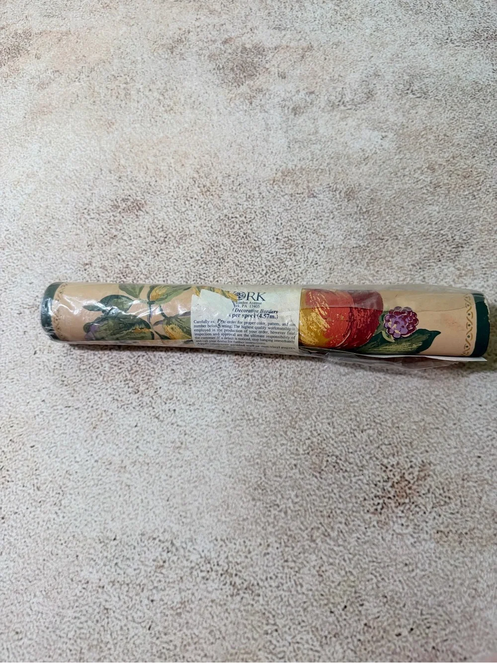 Vintage York Floral Fruit Border Wallpaper Roll in Beige and Green